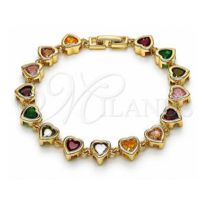 Pulsera Tennis 03.266.0063.2.07 Oro Laminado, Diseño de Corazón, con Zirconia Cubica Multicolor, Pulido, Tono Dorado (Grosor 08 MM, 7 Pulgadas de Largo)