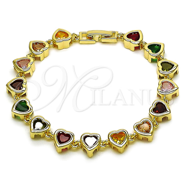 Pulsera Tennis 03.266.0063.2.07 Oro Laminado, Diseño de Corazón, con Multicolor Zirconia Cubica, Pulido, Tono Dorado (08 MM Thickness, 7 Inches Length)