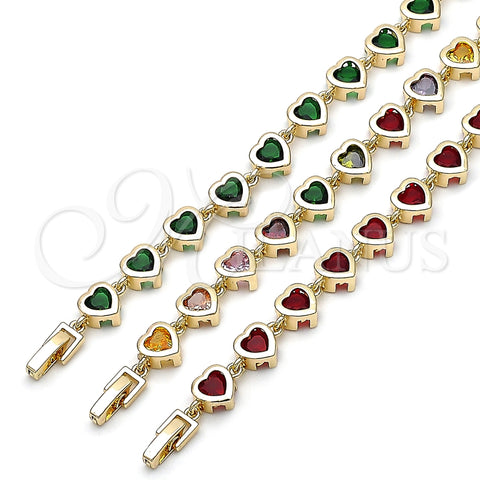 Pulsera Tennis 03.266.0063.2.07 Oro Laminado, Diseño de Corazón, con Multicolor Zirconia Cubica, Pulido, Tono Dorado (08 MM Thickness, 7 Inches Length)