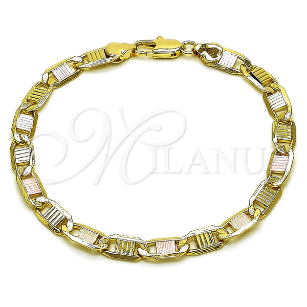 Pulsera Básica 03.213.0433.08 Oro Laminado, Diseño de Mariner, Diamantado, Tres Tonos (Grosor 06 MM, 8 Pulgadas de Largo)