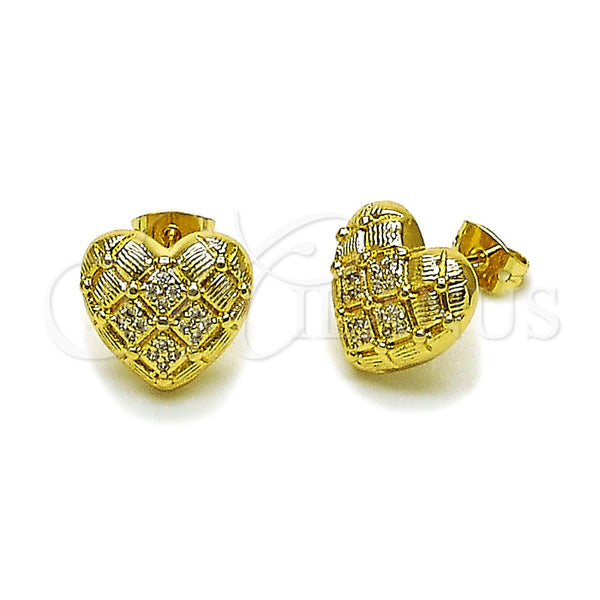 Arete Dormilona 02.213.0914 Oro Laminado, Diseño de Corazón, con Blanca Micro Pave, Diamantado, Tono Dorado