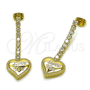 Arete Largo 02.213.0920 Oro Laminado, Diseño de Corazón y Amor, con Blanca Zirconia Cubica, Pulido, Tono Dorado