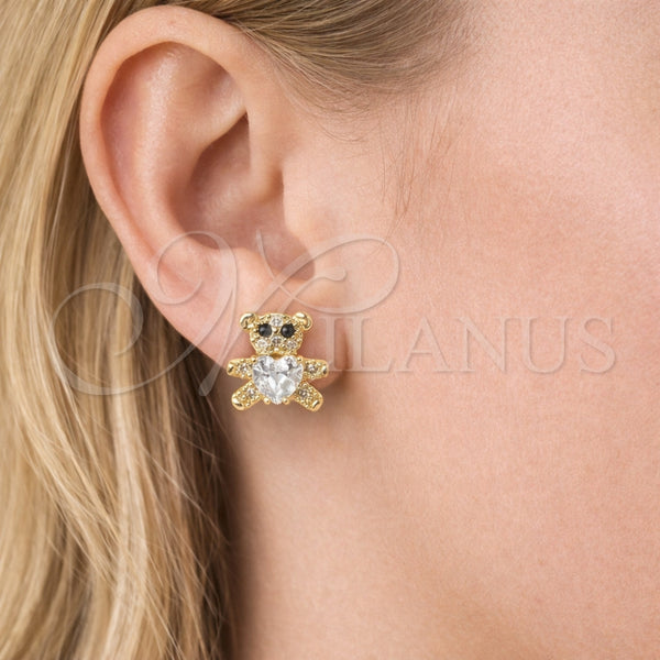 Arete Dormilona 02.266.0083 Oro Laminado, Diseño de Osito y Corazón, con Blanca and Negro Zirconia Cubica, Pulido, Tono Dorado