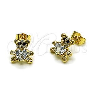 Arete Dormilona 02.266.0083 Oro Laminado, Diseño de Osito y Corazón, con Blanca and Negro Zirconia Cubica, Pulido, Tono Dorado