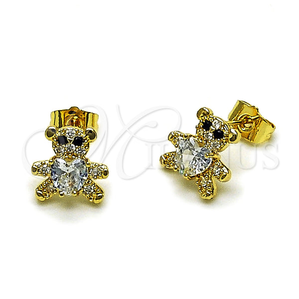 Arete Dormilona 02.266.0083 Oro Laminado, Diseño de Osito y Corazón, con Blanca and Negro Zirconia Cubica, Pulido, Tono Dorado