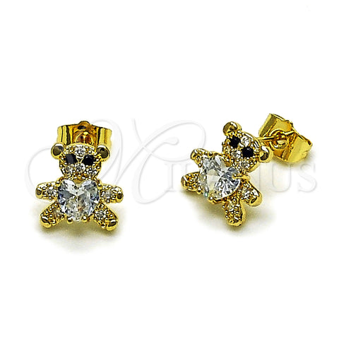 Arete Dormilona 02.266.0083 Oro Laminado, Diseño de Osito y Corazón, con Blanca and Negro Zirconia Cubica, Pulido, Tono Dorado