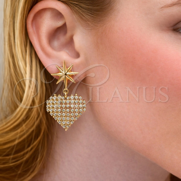 Arete Colgante 02.283.0404 Oro Laminado, Diseño de Corazón y Estrella, con Blanca Zirconia Cubica, Pulido, Tono Dorado