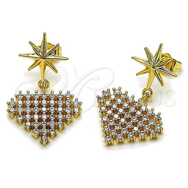 Arete Colgante 02.283.0404 Oro Laminado, Diseño de Corazón y Estrella, con Blanca Zirconia Cubica, Pulido, Tono Dorado