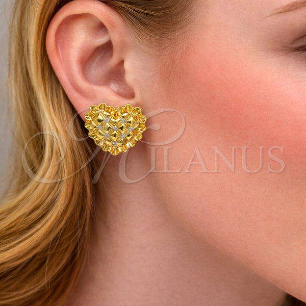Arete Dormilona 02.282.0129 Oro Laminado, Diseño de Corazón, con Blanca Zirconia Cubica, Diamantado, Tono Dorado