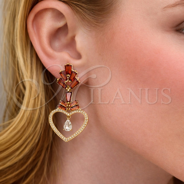 Arete Largo 02.282.0105.1 Oro Laminado, Diseño de Corazón y Baguette, con Granate Zirconia Cubica and Blanca Micro Pave, Pulido, Tono Dorado