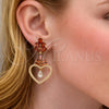 Arete Largo 02.282.0105.1 Oro Laminado, Diseño de Corazón y Baguette, con Granate Zirconia Cubica and Blanca Micro Pave, Pulido, Tono Dorado