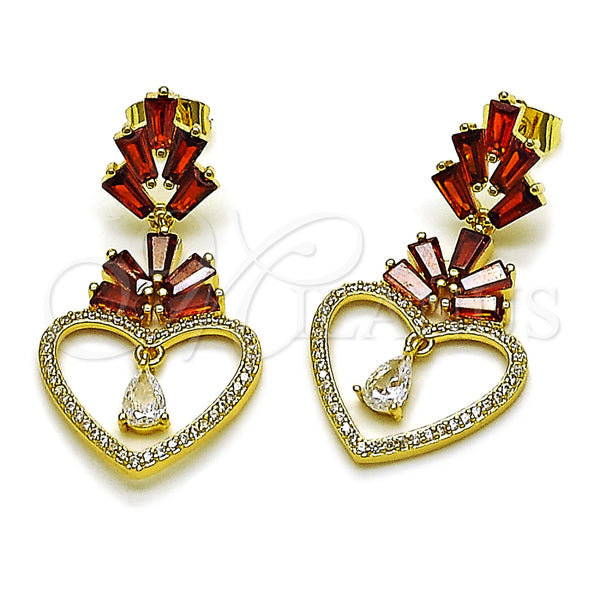 Arete Largo 02.282.0105.1 Oro Laminado, Diseño de Corazón y Baguette, con Granate Zirconia Cubica and Blanca Micro Pave, Pulido, Tono Dorado