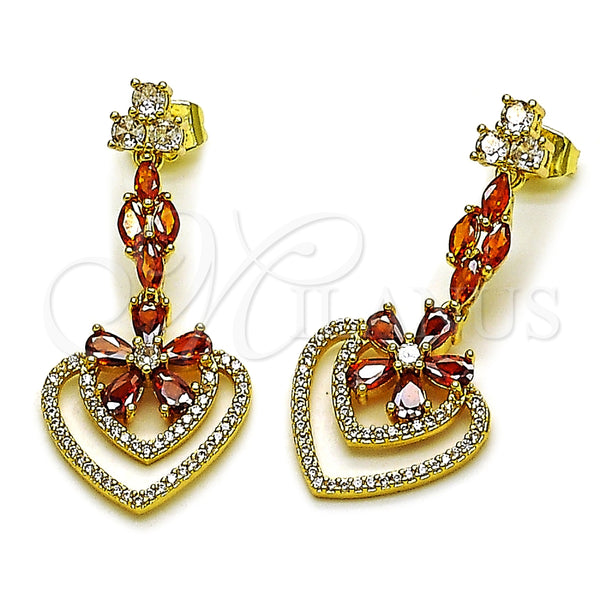 Arete Largo 02.282.0138 Oro Laminado, Diseño de Corazón y Flor, con Granate Zirconia Cubica and Blanca Micro Pave, Pulido, Tono Dorado