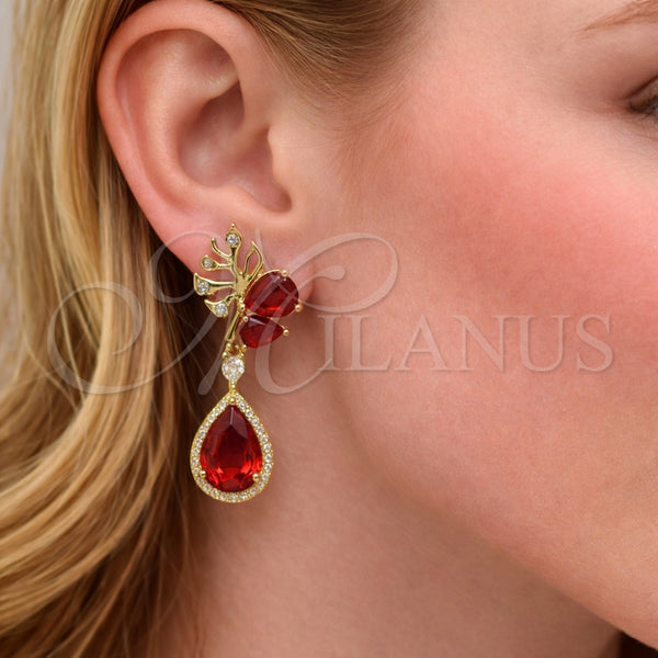 Arete Largo 02.282.0142 Oro Laminado, Diseño de Oja y Gota, con Granate Zirconia Cubica and Blanca Micro Pave, Pulido, Tono Dorado