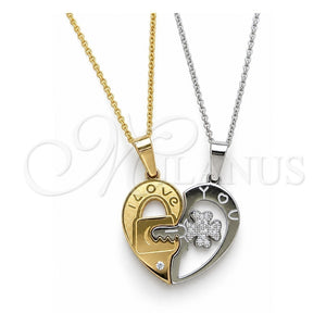 Collares con Dije 04.116.0067.1 Acero Inoxidable, Diseño de Corazón, con Cristal Blanca, Pulido, Dos Tonos (Grosor 01.1 MM, 22 Pulgadas de Largo)