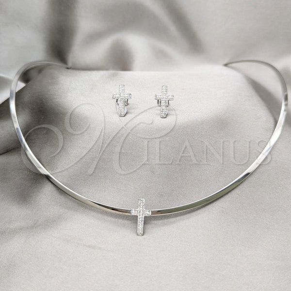 Collar y Dije 06.116.0142 Acero Inoxidable, Diseño de Cruz, con Blanca Cristal, Pulido, Rodinado