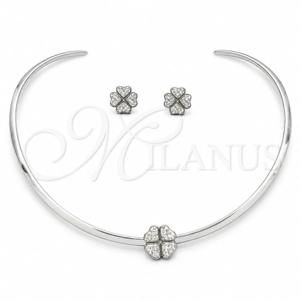 Collar y Dije 06.116.0143 Acero Inoxidable, Diseño de Trébol de Cuatro Hojas, con Cristal Blanca, Pulido, Rodinado
