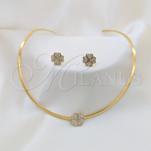 Collar y Dije 06.116.0143.1 Acero Inoxidable, Diseño de Trébol de Cuatro Hojas, con Blanca Cristal, Pulido, Tono Dorado