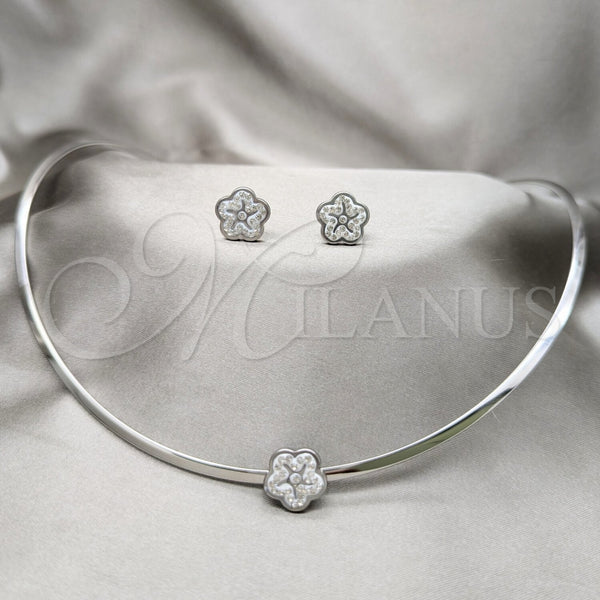 Collar y Dije 06.116.0144 Acero Inoxidable, Diseño de Flor, con Blanca Cristal, Pulido, Rodinado