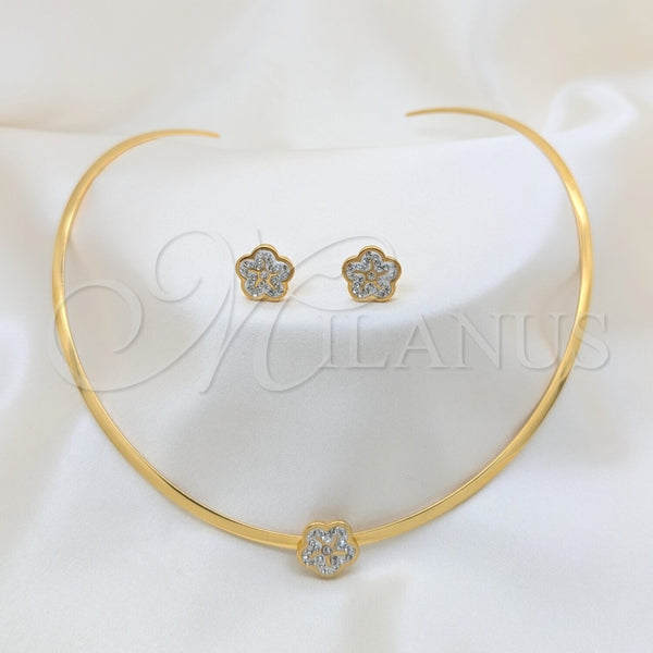 Collar y Dije 06.116.0144.1 Acero Inoxidable, Diseño de Flor, con Blanca Cristal, Pulido, Tono Dorado