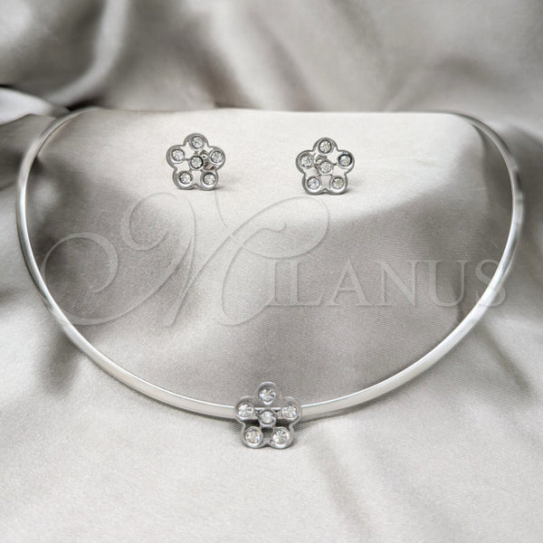 Collar y Dije 06.116.0145 Acero Inoxidable, Diseño de Flor, con Blanca Cristal, Pulido, Rodinado