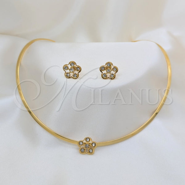 Collar y Dije 06.116.0145.1 Acero Inoxidable, Diseño de Flor, con Blanca Cristal, Pulido, Tono Dorado