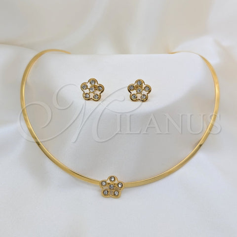 Collar y Dije 06.116.0145.1 Acero Inoxidable, Diseño de Flor, con Blanca Cristal, Pulido, Tono Dorado