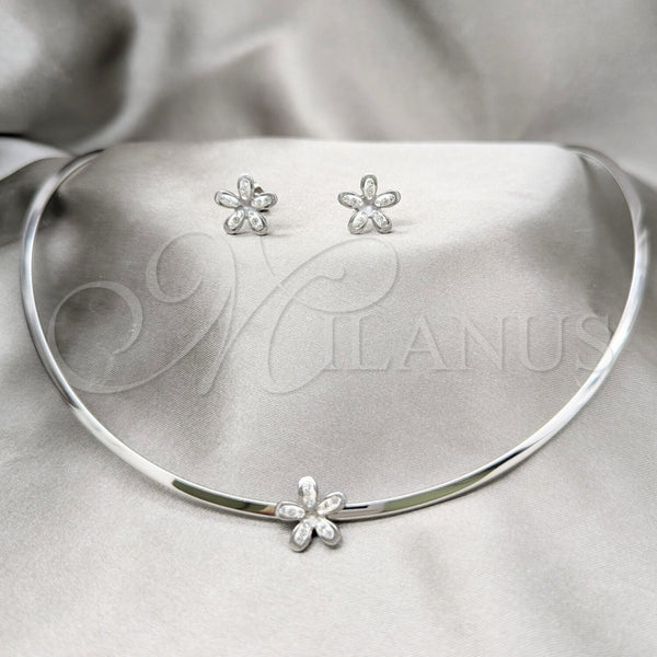 Collar y Dije 06.116.0146 Acero Inoxidable, Diseño de Flor, con Blanca Cristal, Pulido, Rodinado