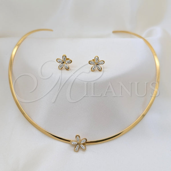 Collar y Dije 06.116.0146.1 Acero Inoxidable, Diseño de Flor, con Blanca Cristal, Pulido, Tono Dorado