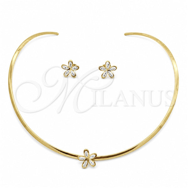 Collar y Dije 06.116.0146.1 Acero Inoxidable, Diseño de Flor, con Blanca Cristal, Pulido, Tono Dorado