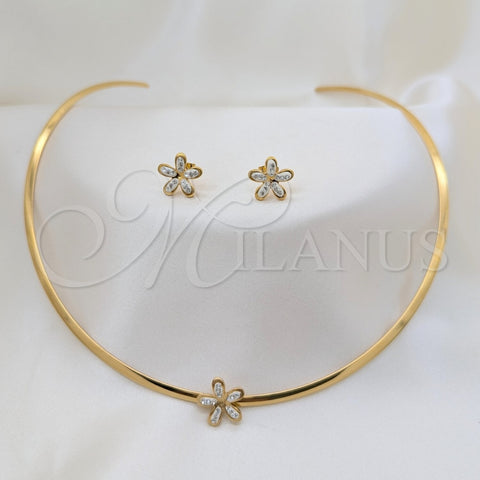 Collar y Dije 06.116.0146.1 Acero Inoxidable, Diseño de Flor, con Blanca Cristal, Pulido, Tono Dorado