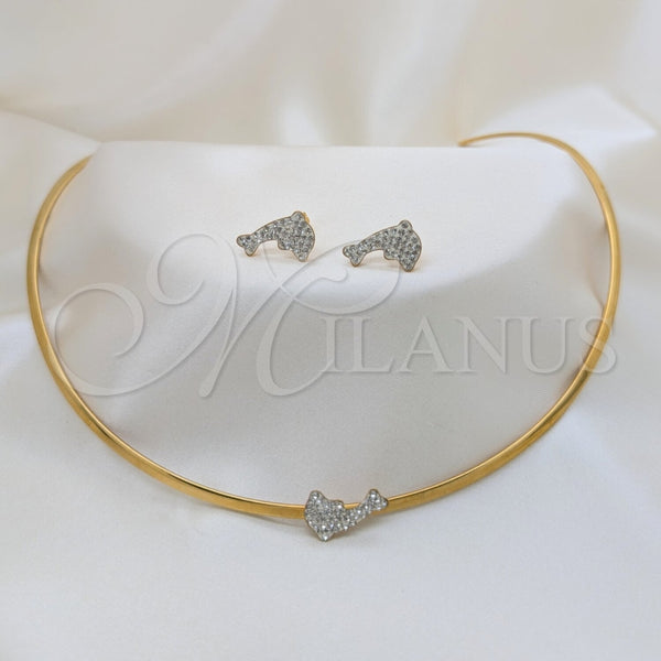 Collar y Dije 06.116.0147.1 Acero Inoxidable, Diseño de Delfín, con Blanca Cristal, Pulido, Tono Dorado