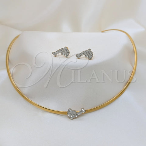 Collar y Dije 06.116.0147.1 Acero Inoxidable, Diseño de Delfín, con Blanca Cristal, Pulido, Tono Dorado