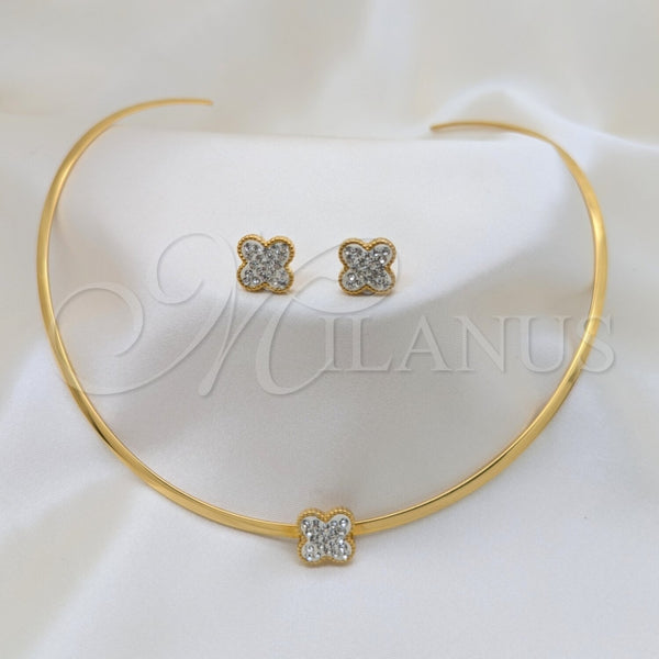 Collar y Dije 06.116.0148.1 Acero Inoxidable, Diseño de Flor, con Blanca Cristal, Pulido, Tono Dorado