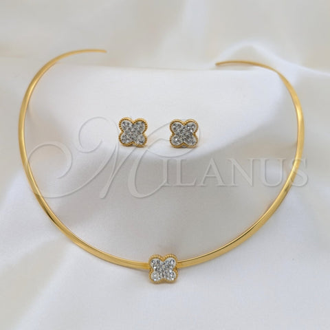 Collar y Dije 06.116.0148.1 Acero Inoxidable, Diseño de Flor, con Blanca Cristal, Pulido, Tono Dorado