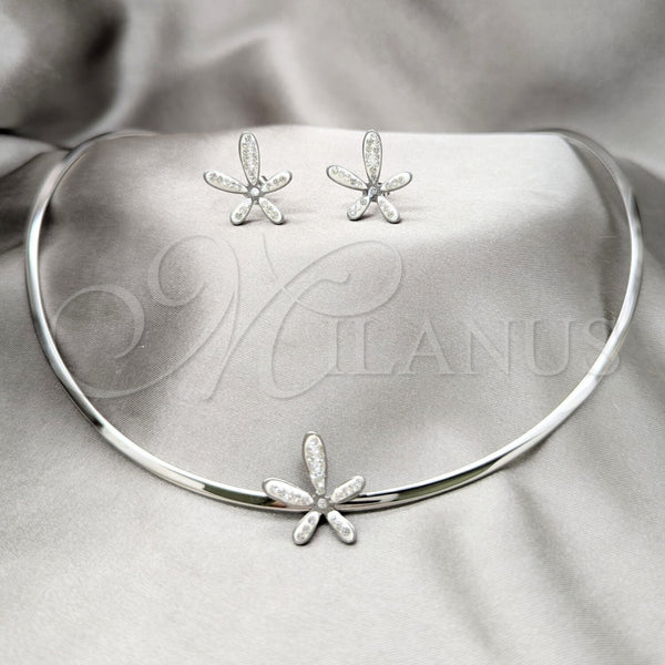 Collar y Dije 06.116.0149 Acero Inoxidable, Diseño de Flor, con Blanca Cristal, Pulido, Rodinado