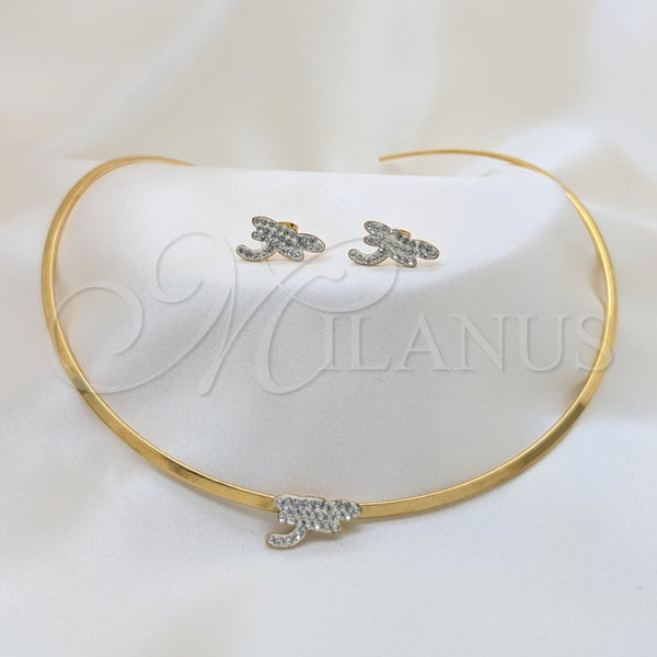 Collar y Dije 06.116.0151 Acero Inoxidable, Diseño de Libélula, con Blanca Cristal, Pulido, Tono Dorado