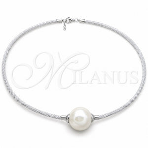 Gargantilla Elegante 04.116.0112 Acero Inoxidable, Diseño de Bola y Torcido, con Perla Blanca, Pulido, Rodinado (Grosor 01.1 MM, 17 Pulgadas de Largo)