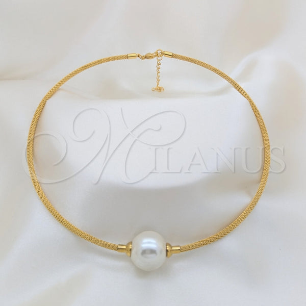 Gargantilla Elegante 04.116.0112.1 Acero Inoxidable, Diseño de Bola y Torcido, con Blanca Perla, Pulido, Tono Dorado (Thickness, 17 Inches Length)