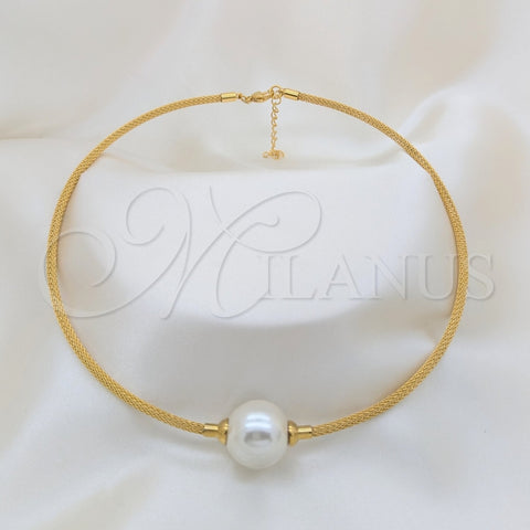 Gargantilla Elegante 04.116.0112.1 Acero Inoxidable, Diseño de Bola y Torcido, con Blanca Perla, Pulido, Tono Dorado (Thickness, 17 Inches Length)