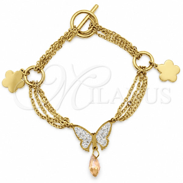 Pulsera Elegante 03.116.0062.07 Acero Inoxidable, Diseño de Mariposa, con Cristal Blanca, Pulido, Tono Dorado (Grosor 01 MM, 1 Pulgadas de Largo)
