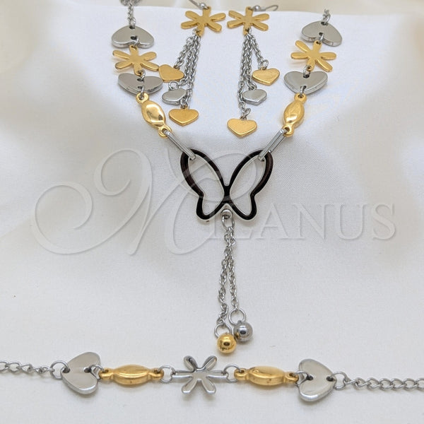 Collar, Pulsera y Dije 06.116.0161.1 Acero Inoxidable, Diseño de Corazón y Flor, Pulido, Dos Tonos