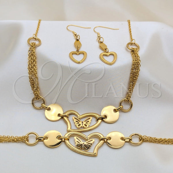 Collar, Pulsera y Dije 06.116.0159 Acero Inoxidable, Diseño de Corazón y Disco, Pulido, Tono Dorado