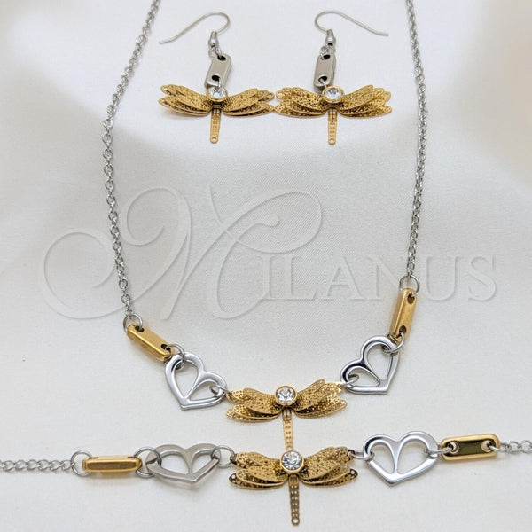 Collar, Pulsera y Dije 06.116.0164 Acero Inoxidable, Diseño de Libélula y Corazón, con Blanca Cristal, Pulido, Dos Tonos