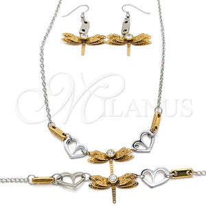 Collar, Pulsera y Dije 06.116.0164 Acero Inoxidable, Diseño de Libélula y Corazón, con Blanca Cristal, Pulido, Dos Tonos