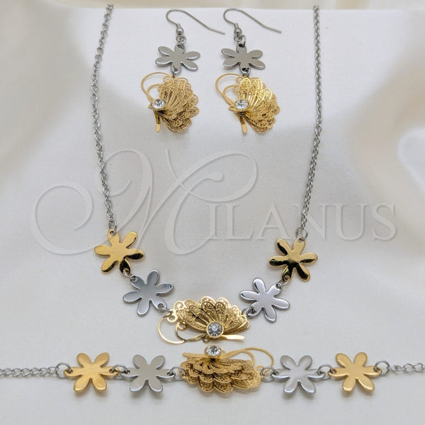 Collar, Pulsera y Dije 06.116.0165 Acero Inoxidable, Diseño de Mariposa y Flor, con Blanca Cristal, Pulido, Dos Tonos