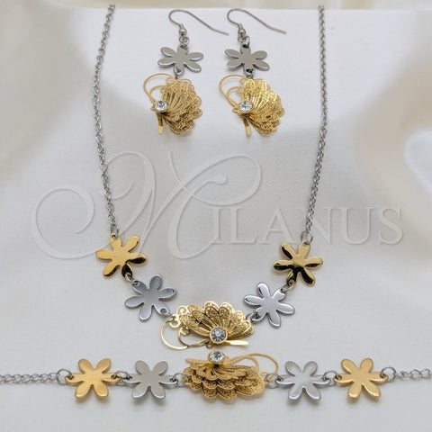 Collar, Pulsera y Dije 06.116.0165 Acero Inoxidable, Diseño de Mariposa y Flor, con Blanca Cristal, Pulido, Dos Tonos