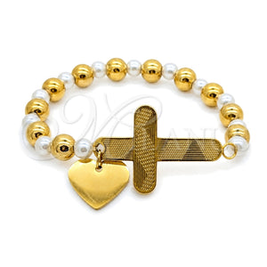 Pulsera Elegante 03.116.0071.08 Acero Inoxidable, Diseño de Corazón y Cruz, con Blanca Perla, Pulido, Dos Tonos (01 MM Thickness, 1 Inches Length)