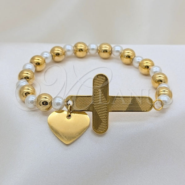 Pulsera Elegante 03.116.0071.08 Acero Inoxidable, Diseño de Corazón y Cruz, con Blanca Perla, Pulido, Dos Tonos (01 MM Thickness, 1 Inches Length)