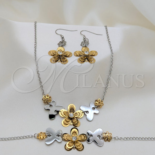 Collar, Pulsera y Dije 06.116.0168 Acero Inoxidable, Diseño de Flor y Mariposa, con Blanca Cristal, Pulido, Dos Tonos